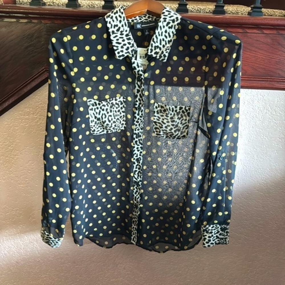 INC International Concepts Sheer Long Sleeve Button Up Polka Dot Leopard Blouse